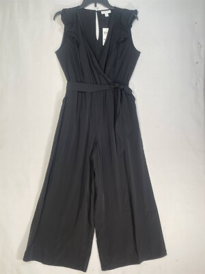 Charter Club Jumpsuit Womens Size 6 Black Surplice Neck Flutter-Sleeve