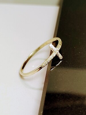10k 14k Solid Gold Stardust Cross Ring, Gold Stacking Ring, Thin Cross Ring