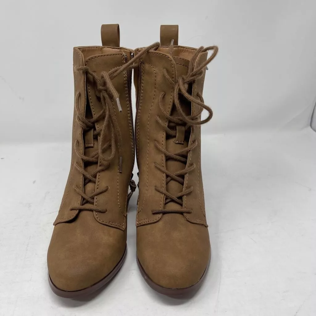 XOXO Womens Magar Combat Boots Brown Mid Calf High Heel Stacked