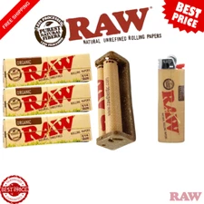 RAW Organic Rolling Kit | 3-Pk 1 1/4 Papers + 79mm Roller + BIC Lighter