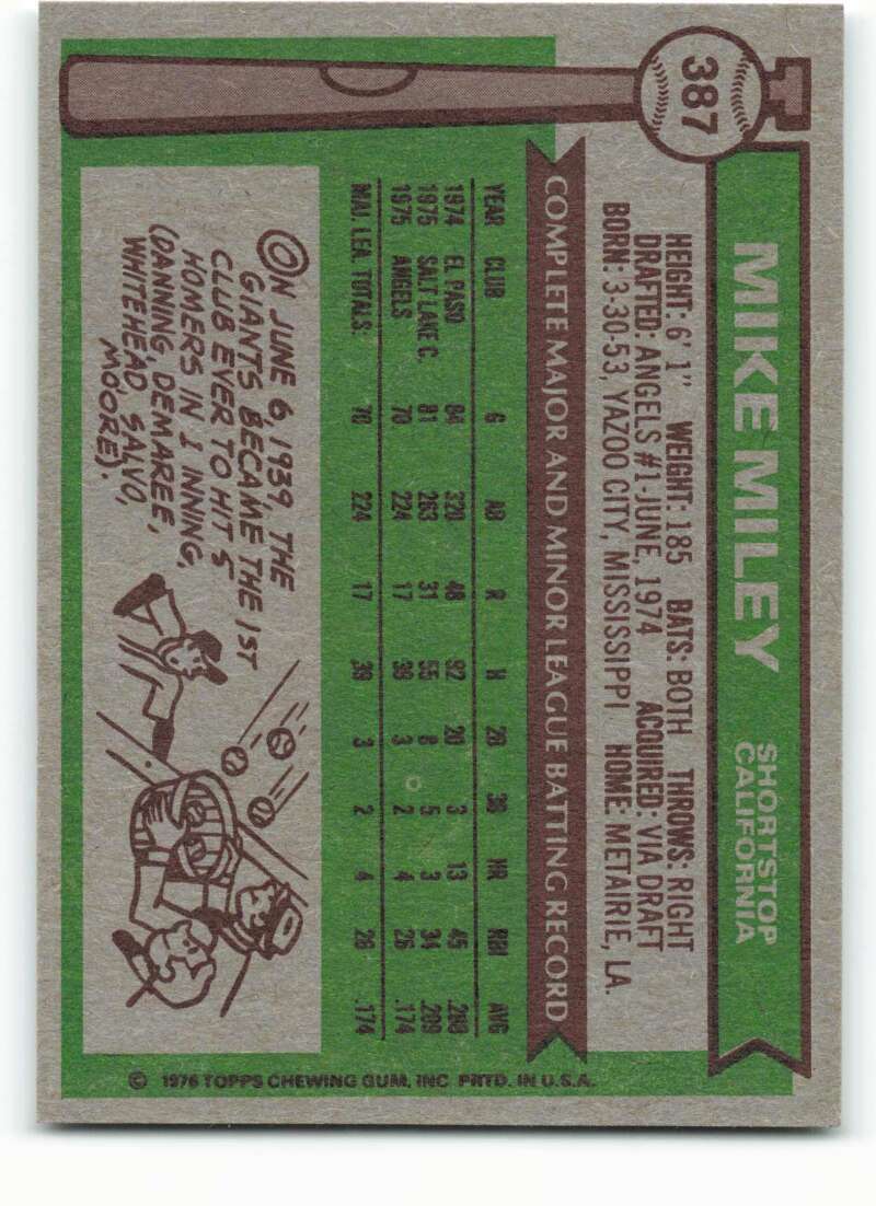 1976 Topps #387 Mike Miley NM++ RC Rookie Angels ID:331501