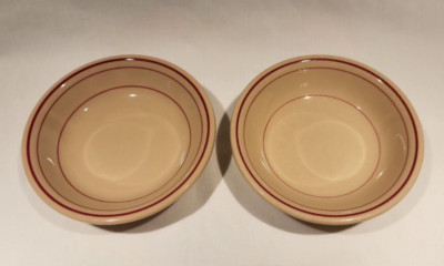 2 Vintage Sterling China Tan Side Dishes Maroon Stripe Restaurant Ware 4 7/8''