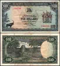 Rhodesia 10 Dollars, 1970-1975, P-33, Used