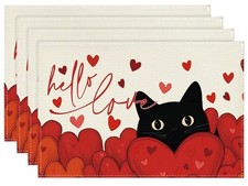 Hello Love Heart Cat Valentine Placemats Set of 4, 12X18 Inch Wedding Anniversar