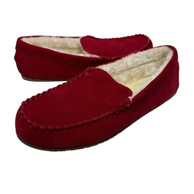 Lands End Womens 11 Red Suede Shearling Moccasin Slippers Cozy House Shoes