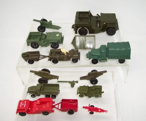 Large Lot of Vintage Army Accessories. Jeeps, Trucks, Trailers, Tent, Cannons