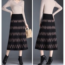 Women Knitted Skirt Pleated Frill A-line Midi Formal High Waist Wave Pattern