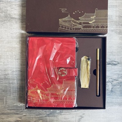 Chinese Forbidden City Red Cover Journal + Brass Roller Pen Gift Box Set 200 Pg
