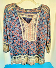 Lucky Brand Women's Plus Size 1X Boho Tunic Top Red Blue Floral Geometric Shirt