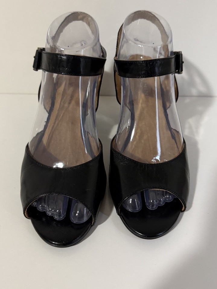 Magnini Black Leather Slingback Open Toe Wedge Heels AU 10 EU 40