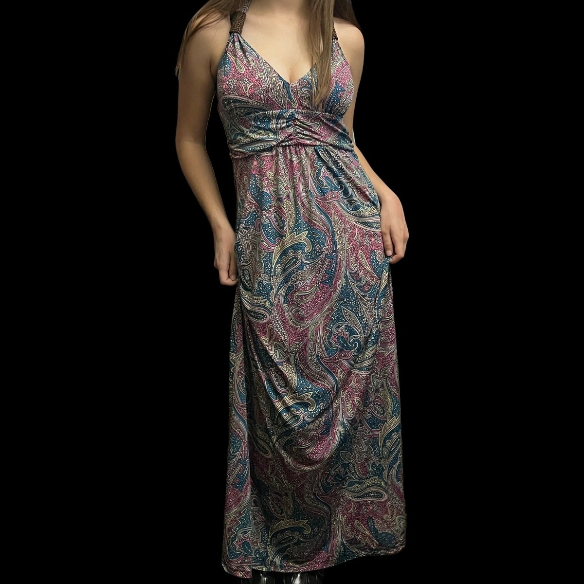 boho paisley halter dress Retro Psychdelic Beaded Full Length Size Small Hippie A deep V Newest at Lily By Firmiana 2026-07-20 Where to find ready-made Color:Sage Floral Breeze