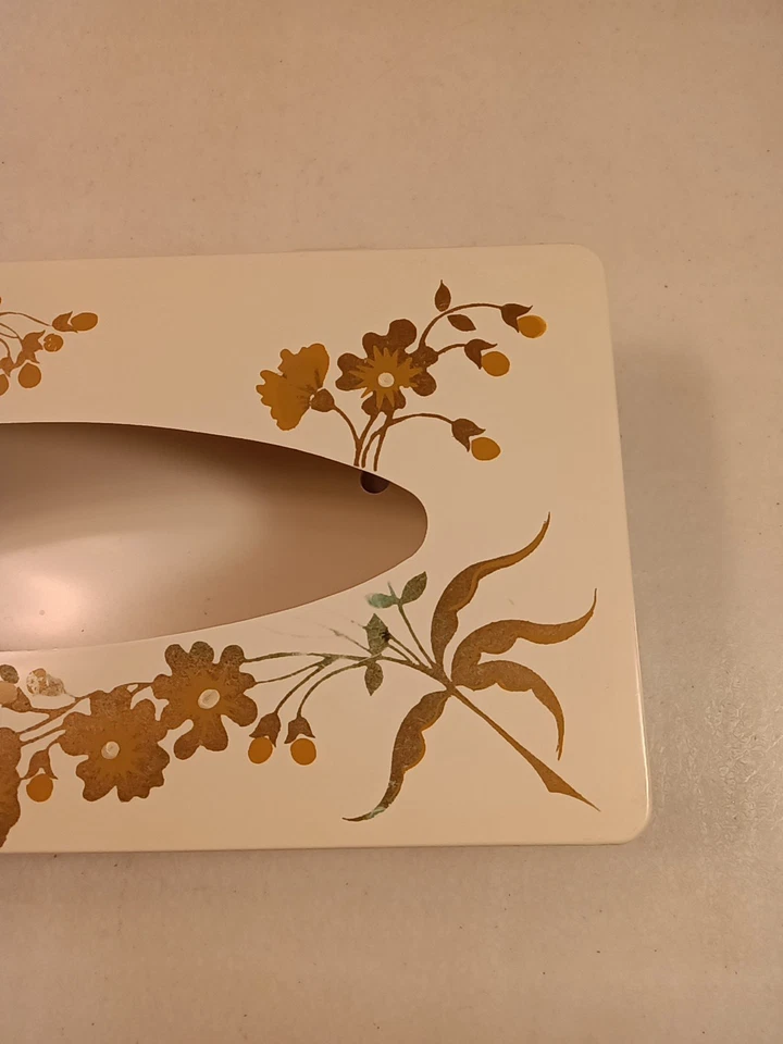 Tecido de plástico vintage Kleenex retrô MCM floral hippie boho marfim/dourado articulado - Imagem 4 de 4