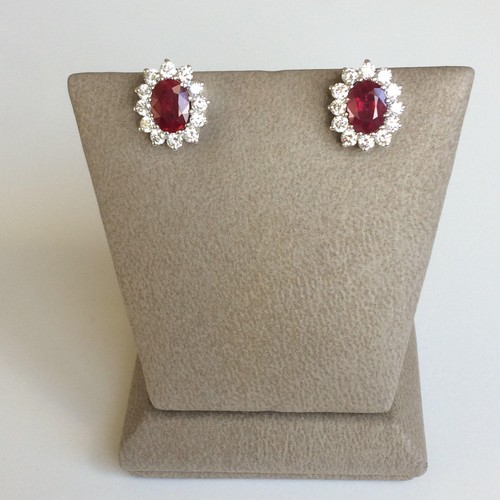 Elegant 18K White Gold Halo Earrings | Oval Rubies & White Diamonds