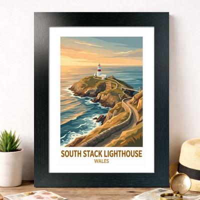 South Stack Leuchtturm, Wales Reise Poster Giclée Kunstdruck