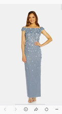 Adrianna Papell Blue Sequin Off-Shoulder Maxi Formal Dress Slit Zip 10