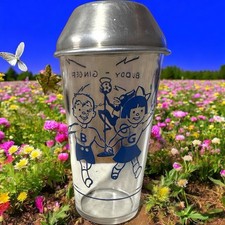 VTG 50s Buddy Ginger Stillicious Syrup 5&rdquo; Glass Cup Clear Blue, Metal Lid