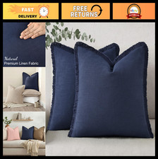 Coastal Linen Fringe Euro Sham Pillow Covers Set of 2 - Navy Blue Tassel Throw P