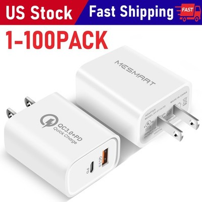 1-100Pcs Dual Port Adapter Lot Wall Charger PD USB C Charger Fast Charging Block