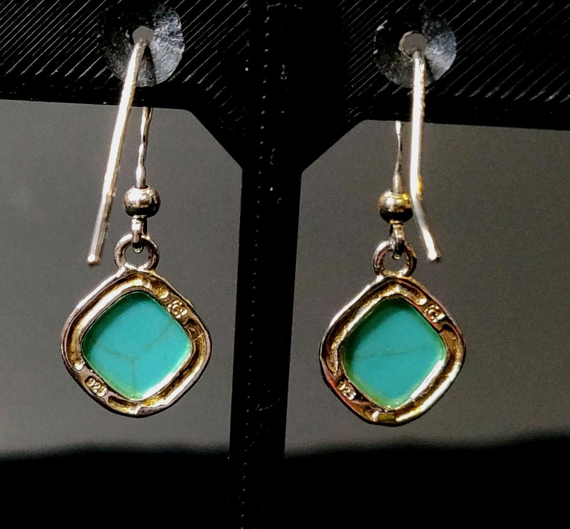 Signed Cellini Silver Marked 925 Natural Turquoise Square Facet Hook Earrings 