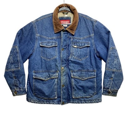 VINTAGE Wrangler Trucker Jacket Mens XL Blue Denim Sherpa Lined Corduroy Collar