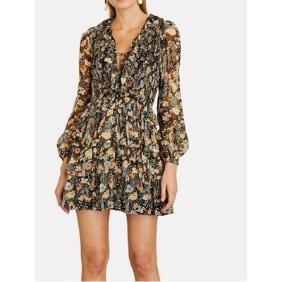 Ulla Johnson Silk Lurex Floral Smocked Tiered Mini Dress Black Multi Size 8