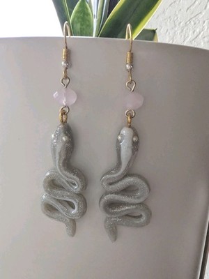 Handmade Clay Snake Earrings - Celestial Witchy Jewelry - Real Pearl Eyes - OOAK