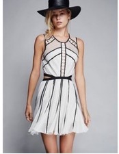 Free People Byzantina Solid Mini Dress Lace Raw Frayed Hem Back Side Cutouts XS