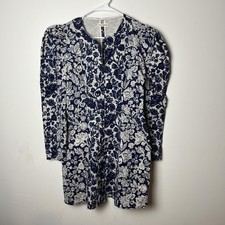 Ulla Johnson Dress Womens Small Blue White Floral Puff Sleeve Mini Zip Pockets