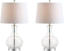 Set of 2 Modern 25" Clear Glass Table Lamps with White Drum Shade  LED Bulbs
