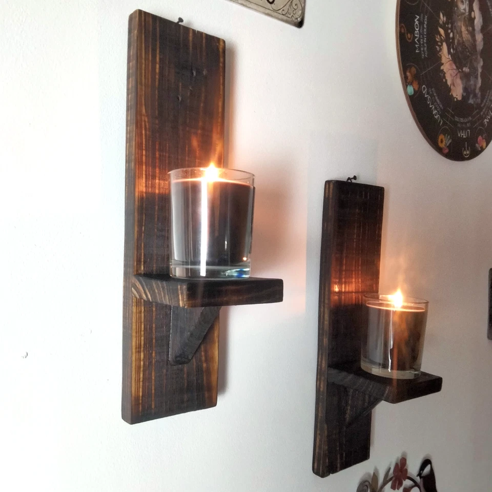 Wooden Candle Plant Holder Sconce Set of 2 Handmade Rustic Reclaimed Wood Shelf - Image 4 of 4