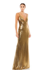 MAC DUGGAL 26408 METALLIC FAUX WRAP SPAGHETTI STRAP BRONZE  GOWN  sz 14