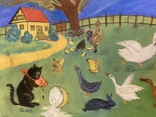 Very Beautiful Drawing Charcoal Outsider Art 1960 Naive Farm Animals Rabbit Hen