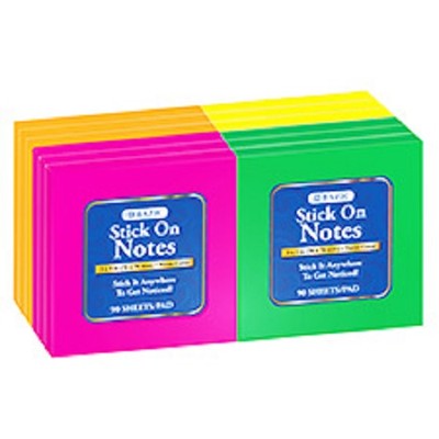 48 Pack BAZIC 90 Count 3'' X 3'' Neon Stick On Notes Multi Colors Survival Kits