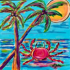 Beach Art Mixed Media Tropical Whimsical Crab Palms Ocean Linda Yake 8 X 8