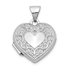 14k White Gold Scroll Pattern Heart Locket Perfect Gift for Her