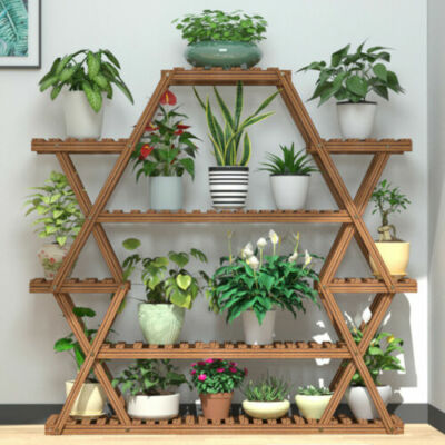 Extra Large Wood Plant Stand Flower Steady Carbonized Rack Outdoor Yard Patio
