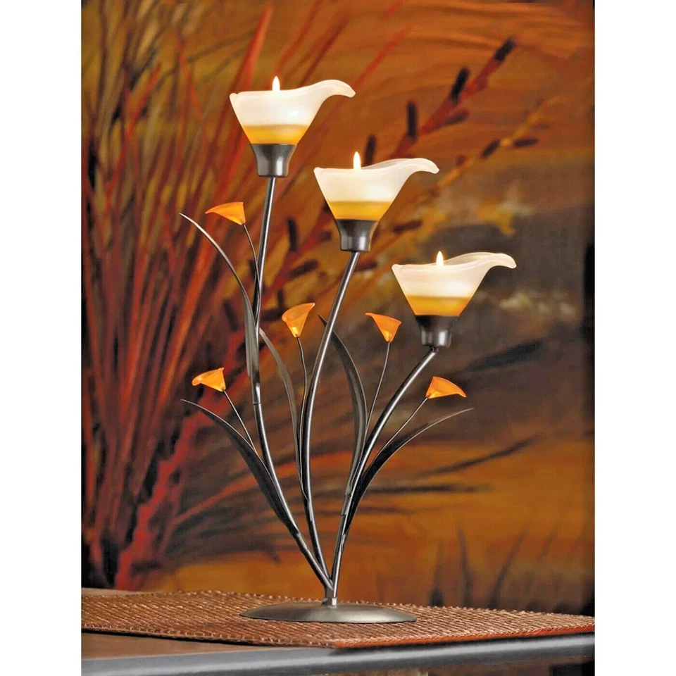 8 Pc Discount Wedding Lot Amber Lilies Candle Holder Candelabra 3 Glass Cups 13" - Image 3 of 4