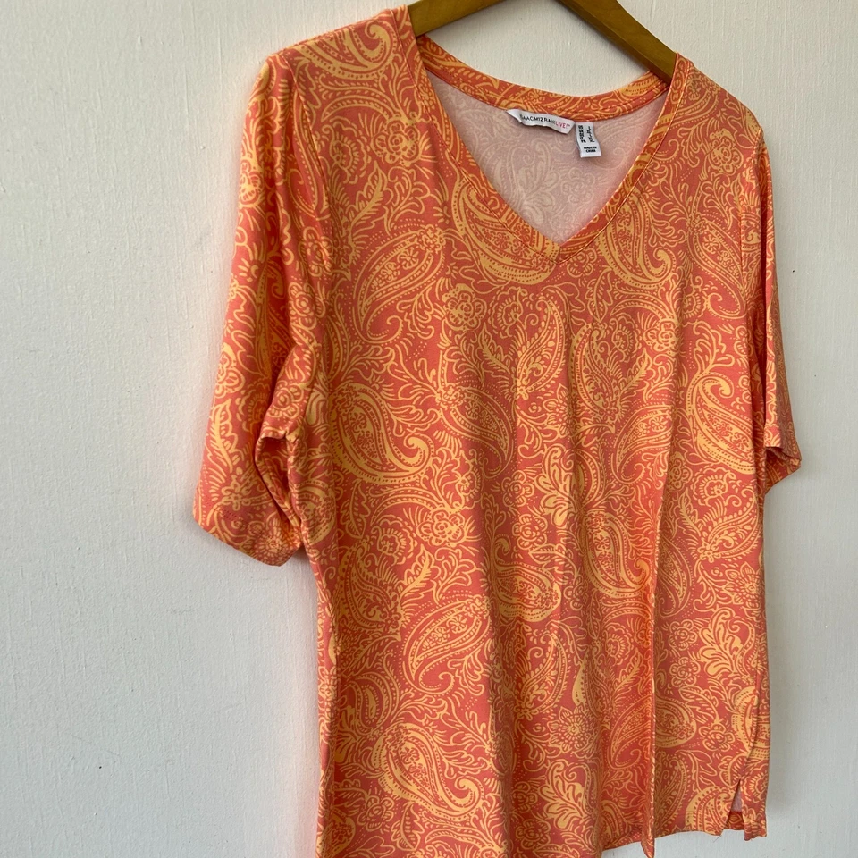 Camiseta IsaacMizrahiLive Mujer Grande Naranja Paisley Cuello en V Top Manga Corta Foto 2 de 4