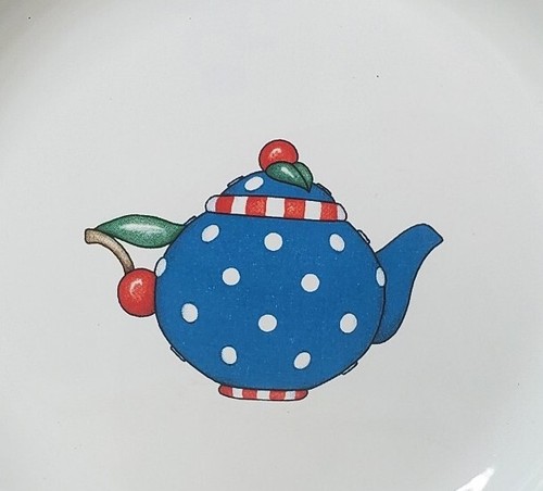Vtg Mary Engelbreit Enamel Teapot Plate Set 4 Salad Dessert Plates Box New - Picture 6 of 12