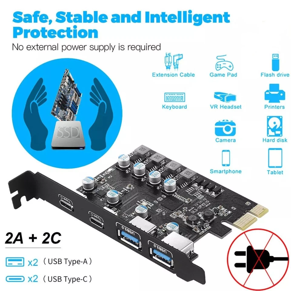 4 Port USB 3.0 PCI-Express Extension Card 2*USB-A 2*USB-C USB 3.0 5Gbps - Image 4 of 4