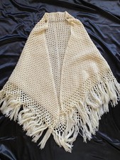 Vintage Cream WhiteCrochet Fringe Poncho Shawl Anchor Clasp MCM Boho Coquette