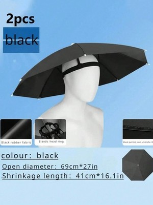 2pcs Black Foldable Hands-Free Sun Umbrella Hat For Fishing Hiking Camping