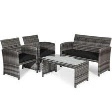 4 PCS Patio Rattan Furniture Set Conversation Glass Table Top w/ Black Cushions