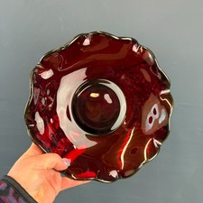VINTAGE RUBY RED GLASS RUFFLED EDGE FRUIT BOWL CANDY DISH
