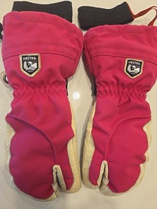 Hestra Heli Ski Female 3-Finger Mittens Size 8 Pink Used Skiing Snowboarding