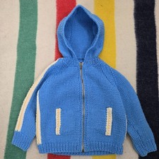 Vintage 60s Cowichan Hand-knit Kids Sweater Hooded Stripes Size 4T Talon Zipper