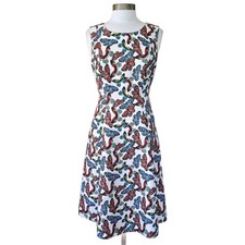 TALBOTS Butterfly Print Linen-Blend Midi Dress Sz 6 A-line Summer Modest A-line