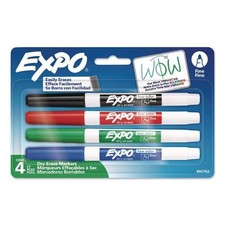 EXPO Low-Odor Dry-Erase Marker, Fine Tip, Assorted Colors, 4/Pack