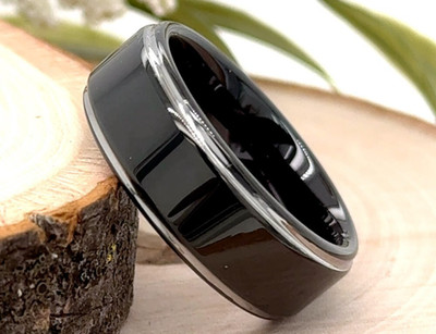High Polished Beveled Edges Ring 8mm Silver & Black Tungsten Engagement Band