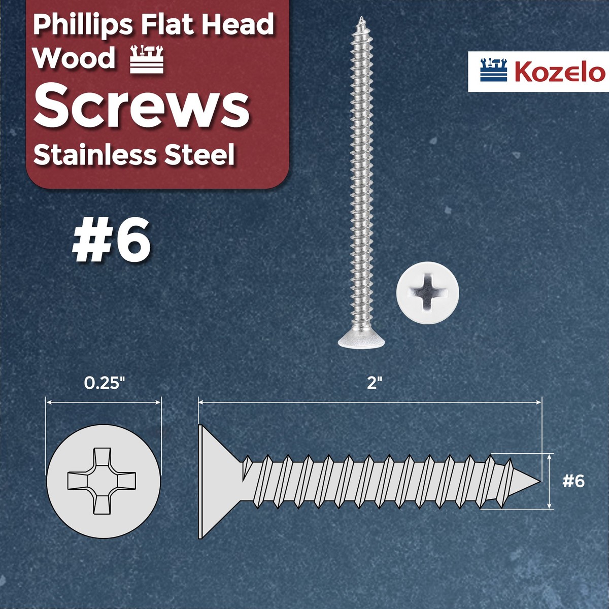 METALLIXITY #6x1" Countersunk Phillips Wood Screws – 50-Pack, Carbon Steel, Coarse Thread, Flat Head, Zinc Plated, Bluish-White For Furniture Repair